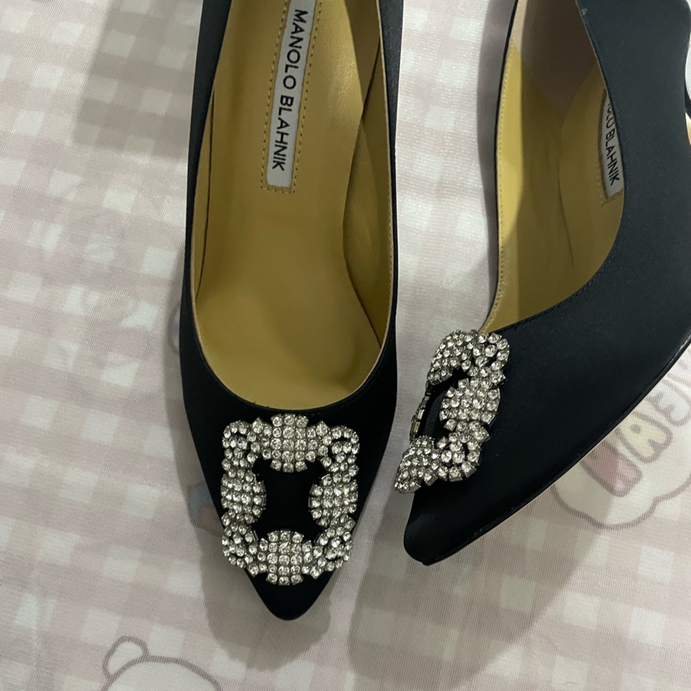 Manolo Blahnik Black Satin Pointed Pumps with Crystal Buckles - Picture 4 of 8